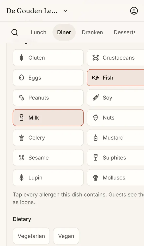 A dish open in the Menuklaar menu editor on a phone, with its allergens to tick.