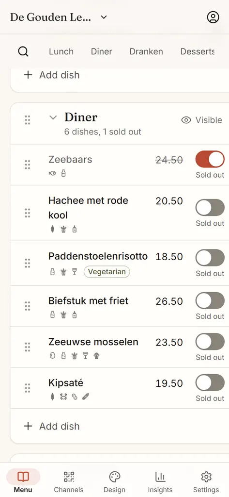 The Menuklaar menu editor on a phone after one tap: the sea bass is set to Sold out today, greyed out with its price struck through, and the editor says the menu is live.
