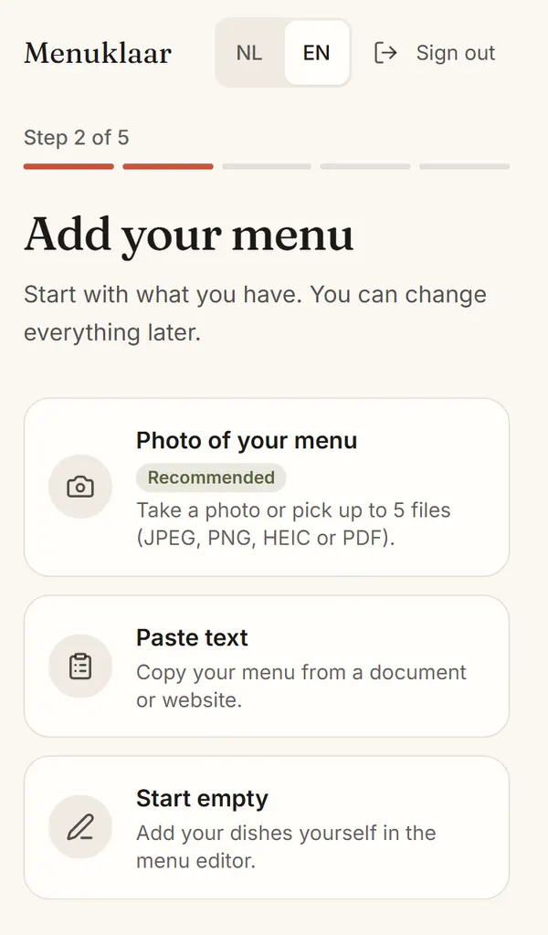 The Add your menu step in Menuklaar on a phone: from a photo, a PDF or pasted text.