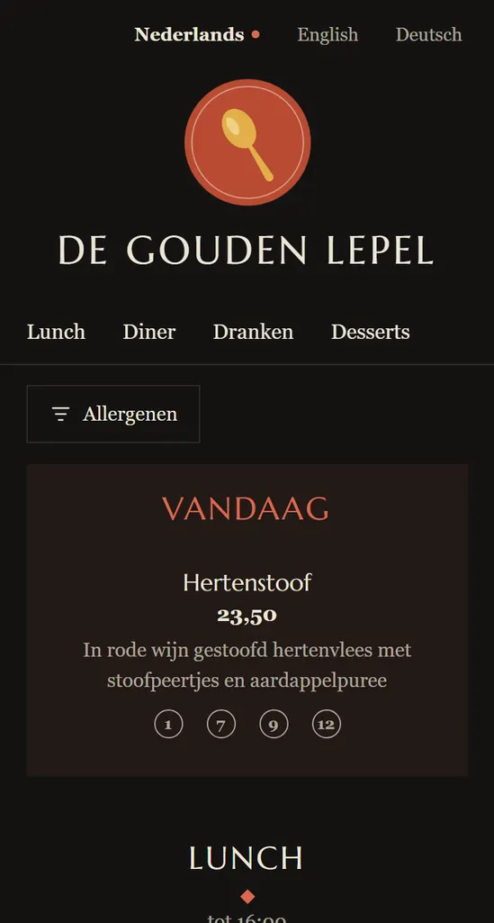 The demo café's QR menu in the Noir look.