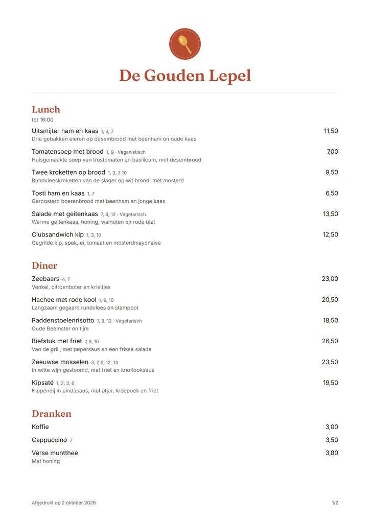The café's printed menu. The sea bass still costs €23.00.