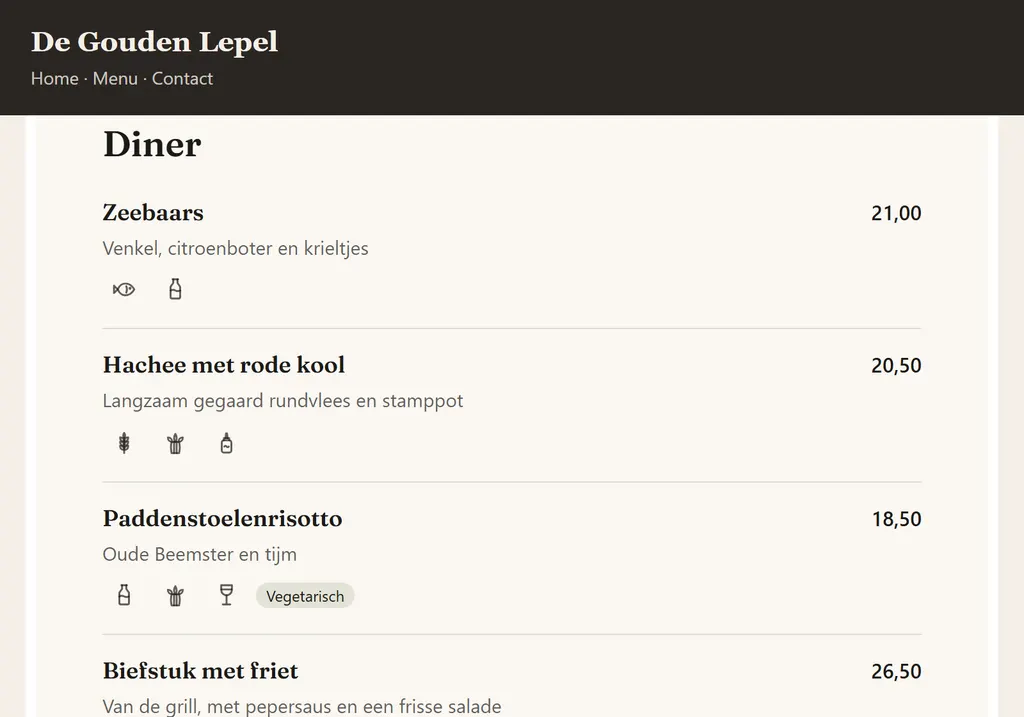 The menu on the café's website, open at dinner. The sea bass still costs €21.00.